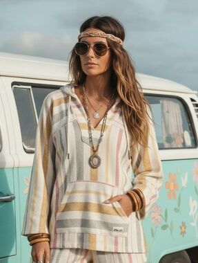 NWT Roxy XL Bohemian Hippie Lagenlook Beach Oversized Striped Pullover Poncho